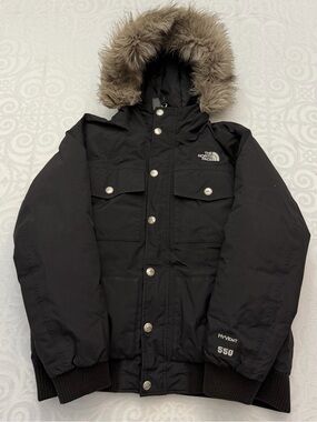 The North Face Black Hooded Down Puffer Jacket Unisex Size 10/12 Kid Faux Fur